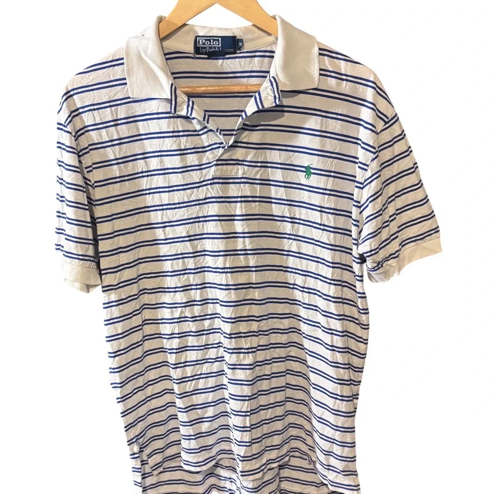 Vintage 90s Polo Ralph Lauren Striped Polo Shirt Medium Blue White Thin USA